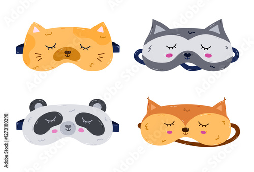 Childish cartoon animal sleeping mask set in the shape of pet head. Funny kids eye mask collection with cat, raccoon, fox, panda head. Hand drawn bedtime accessory isolated on white background