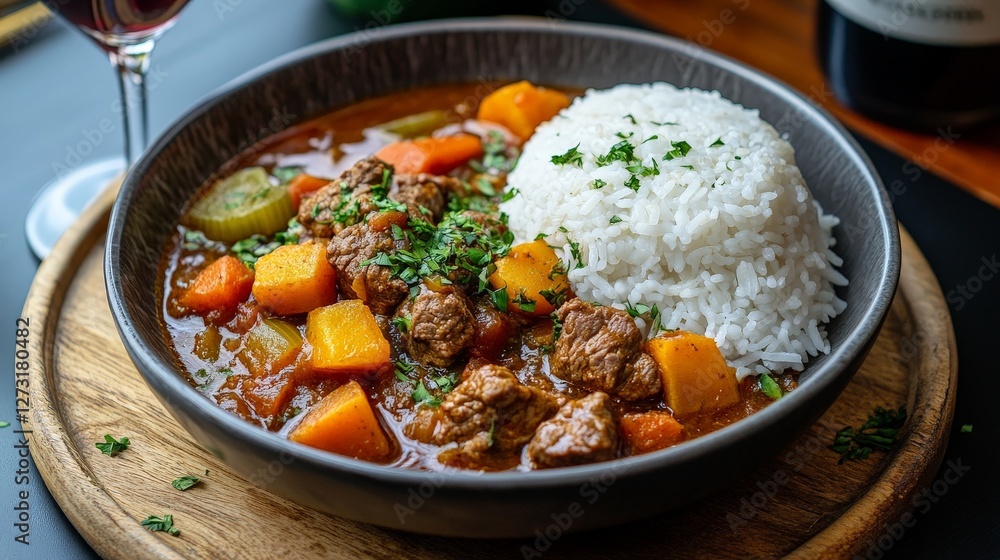 A hearty bowl of beef stew served with white rice, garnished with herbs. A hearty bowl of beef stew served with white rice, garnished with herbs.