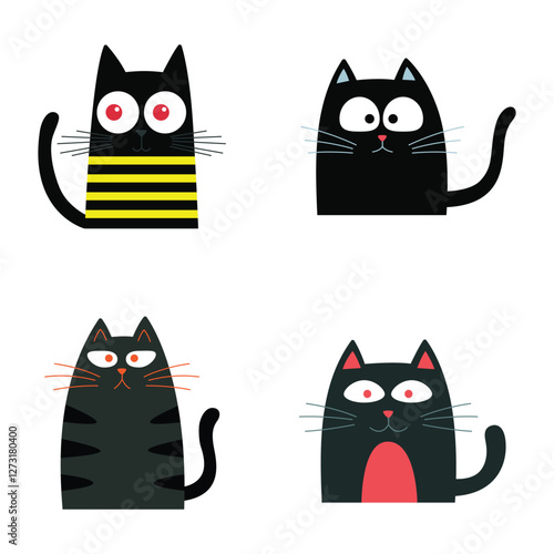 Set of Black Cute Naughty Cat Animal Cartoon Character with Humor Curious Lazy Face