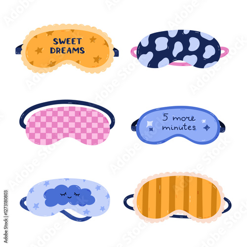 Lovely cartoon sleeping mask set with animal pattern, wide lines, check, cloud, funny lettering. Cute hand drawn eye mask for comfortable dreaming. Patterned bedtime accessory isolated on white.