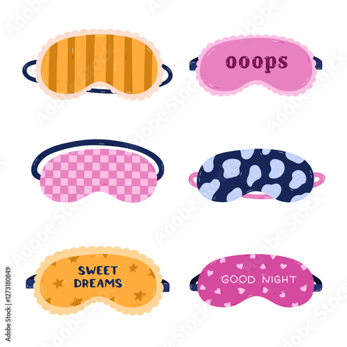 Lovely cartoon sleeping mask set with line, cow pattern, check ornament, Sweet Dreams lettering. Funny hand drawn girlish eye mask for perfect rest. Patterned bedding accessory isolated on white.