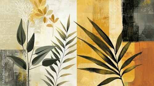 A harmonious diptych of modern botanical prints with abstract leaf patterns, tropical plant elements, and warm earthy colors like olive green, muted mustard, and soft beige.