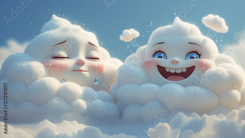 2 clouds are floating in the sky. One cloud is crying rain, the second cloud is laughing photo