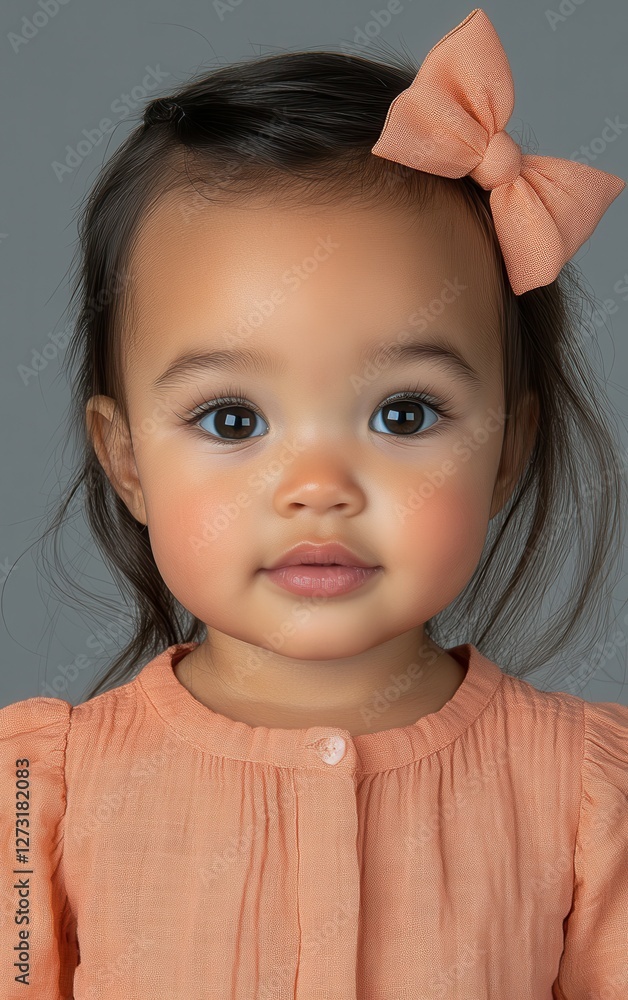 A young girl with a bow in her hair is smiling for the camera. The image has a warm and friendly mood, as the girl appears to be happy and content