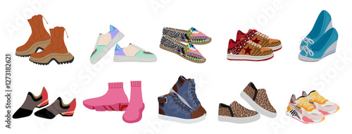 Collection of stylish elegant shoes and boots of different types. Bundle of trendy casual womens footwear. Flat colorful vector realistic illustration isolated