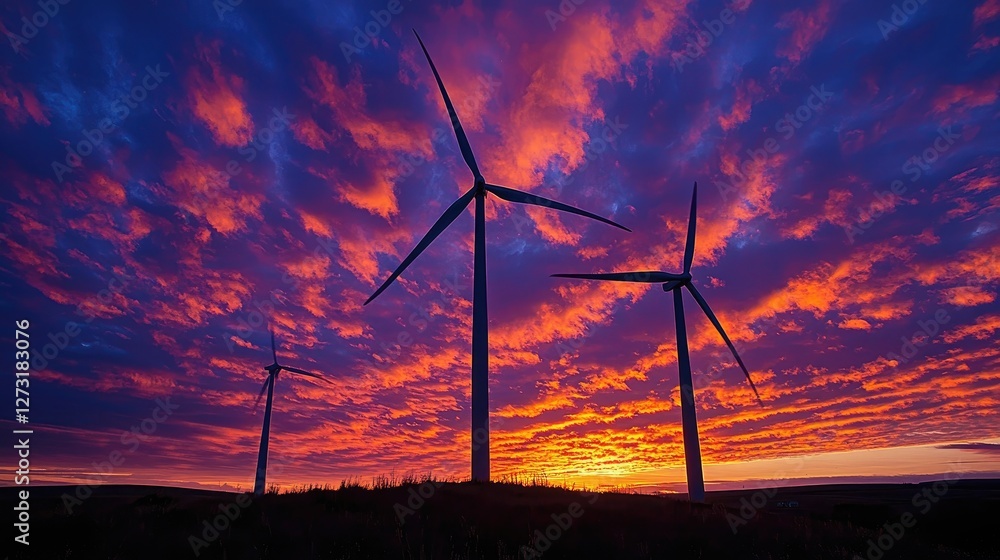 Obraz premium Stunning Wind Turbine Silhouette Against Vibrant Sunset Sky