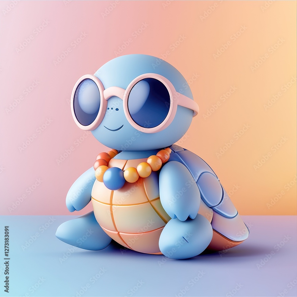 A cute, stylized turtle character wears sunglasses and a colorful necklace, set against a soft gradient background, Y2K style. A cute, stylized turtle character wears sunglasses and a colorful necklace, set against a soft gradient background, Y2K style.