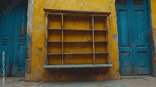 Empty wooden shelf mounted on vibrant yellow wall flanked by aged blue doors. AI Generated