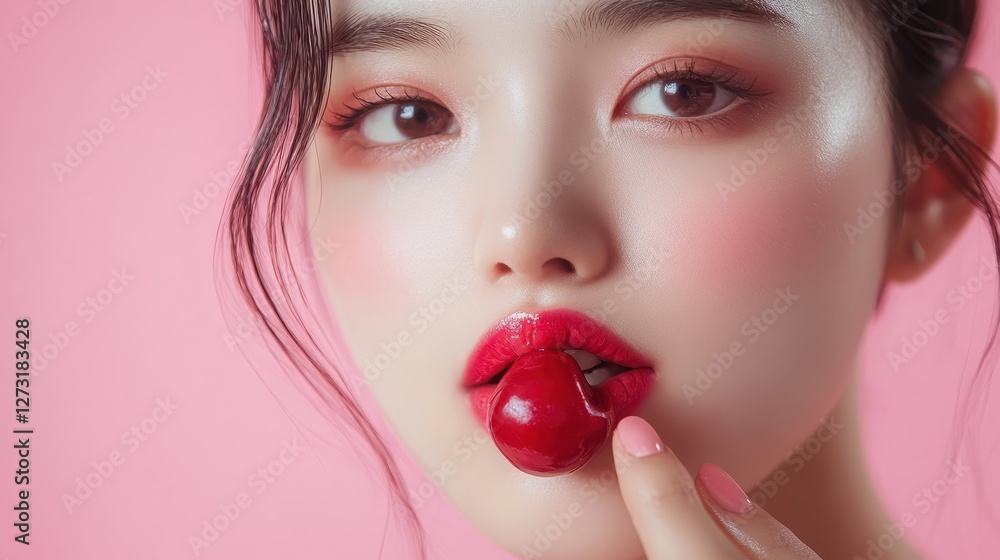 Beautiful Young woman with Gloss red lips and cherry on dark background,closeup face lady in studio background,smooth and glow skin. Natural beauty, healthy and girl or female with makeup. Beautiful Young woman with Gloss red lips and cherry on dark background,closeup face lady in studio background,smooth and glow skin. Natural beauty, healthy and girl or female with makeup.