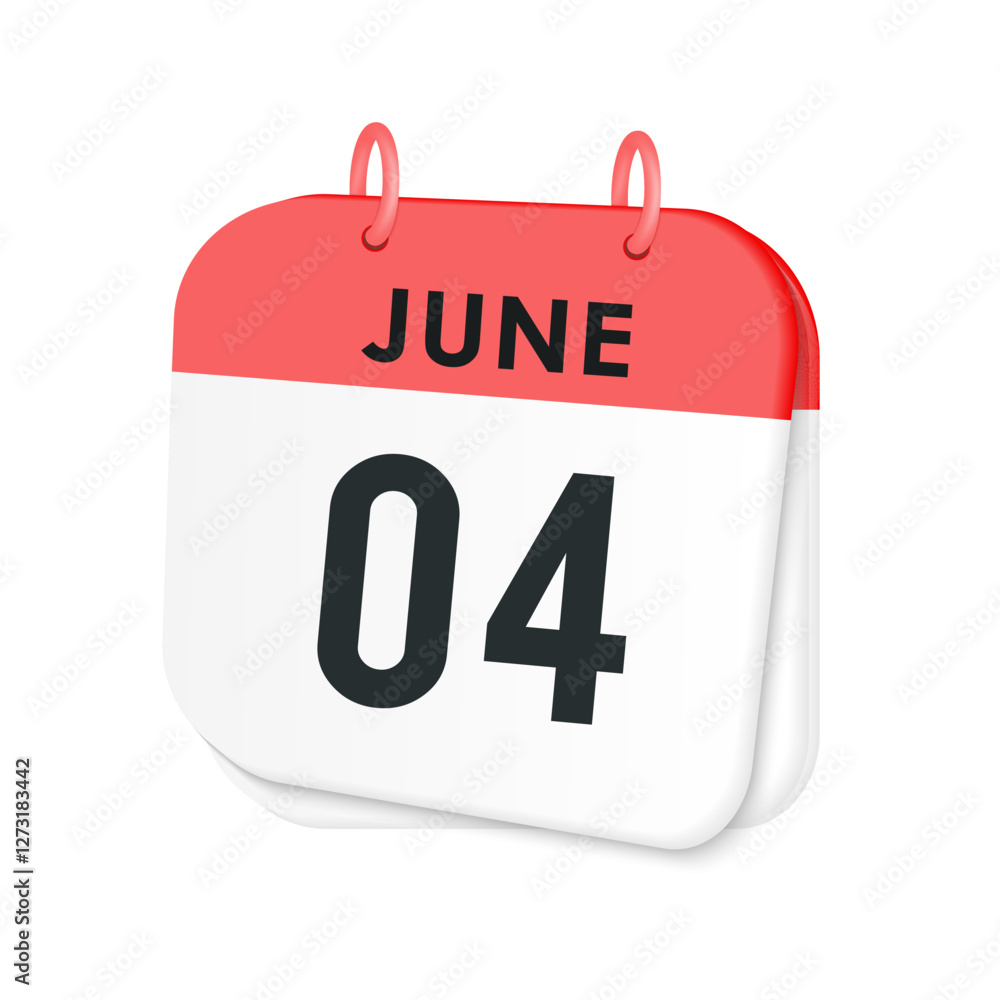 4th June daily calendar icon template. June 4 day calendar design. Single day calendar in vector illustration flat style. 4th June daily calendar icon template. June 4 day calendar design. Single day calendar in vector illustration flat style.