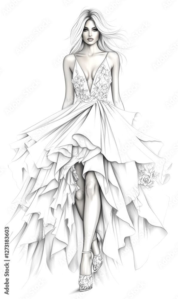 A woman in a white dress is walking down a runway. The dress is long and flowing, and the woman is wearing high heels. Concept of elegance and sophistication, as the woman's attire A woman in a white dress is walking down a runway. The dress is long and flowing, and the woman is wearing high heels. Concept of elegance and sophistication, as the woman's attire