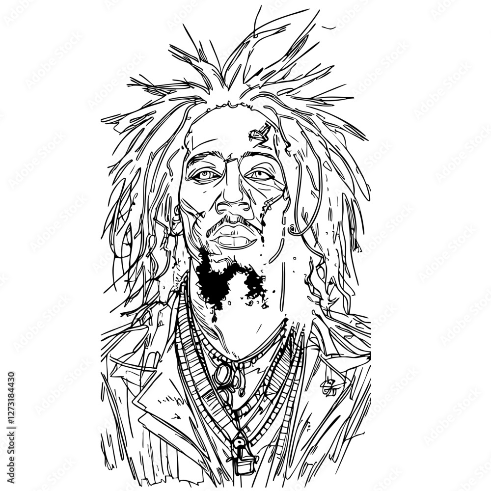 Iconic Reggae Portrait – Artistic Ink Sketch of Dreadlocked Musician Iconic Reggae Portrait – Artistic Ink Sketch of Dreadlocked Musician