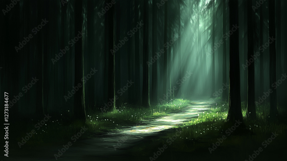 Obraz premium Dark forest path illuminated by soft light breaking through the trees