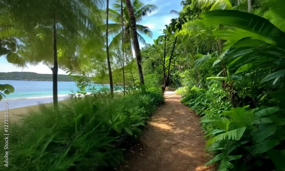 Tropical beach path, lush foliage, turquoise ocean, sunny day, travel Tropical beach path, lush foliage, turquoise ocean, sunny day, travel