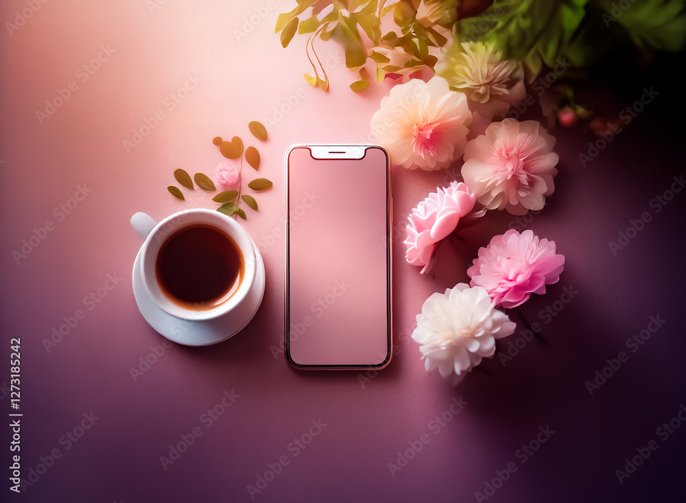A mobile phone rests amidst delicate flowers and a cup of coffee on a pink backdrop, creating a serene and inviting scene. A mobile phone rests amidst delicate flowers and a cup of coffee on a pink backdrop, creating a serene and inviting scene.