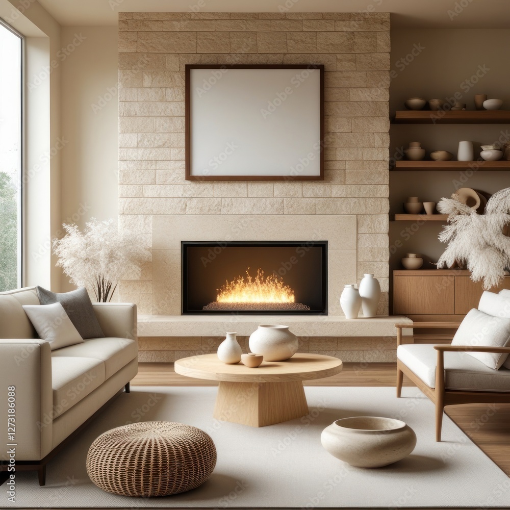 Fototapeta premium Empty frame mockup on brick wall of living room with fireplace, poster frame mockup design, mockup frame