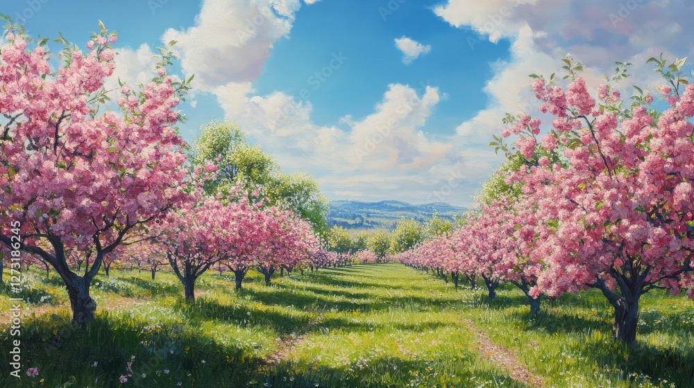 Oil painting depicting a spring fruit orchard with vibrant apple blossoms under a sunny sky Oil painting depicting a spring fruit orchard with vibrant apple blossoms under a sunny sky