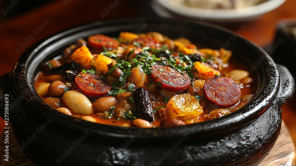 A hearty dish featuring beans, vegetables, and sausage in a traditional clay pot. A hearty dish featuring beans, vegetables, and sausage in a traditional clay pot.