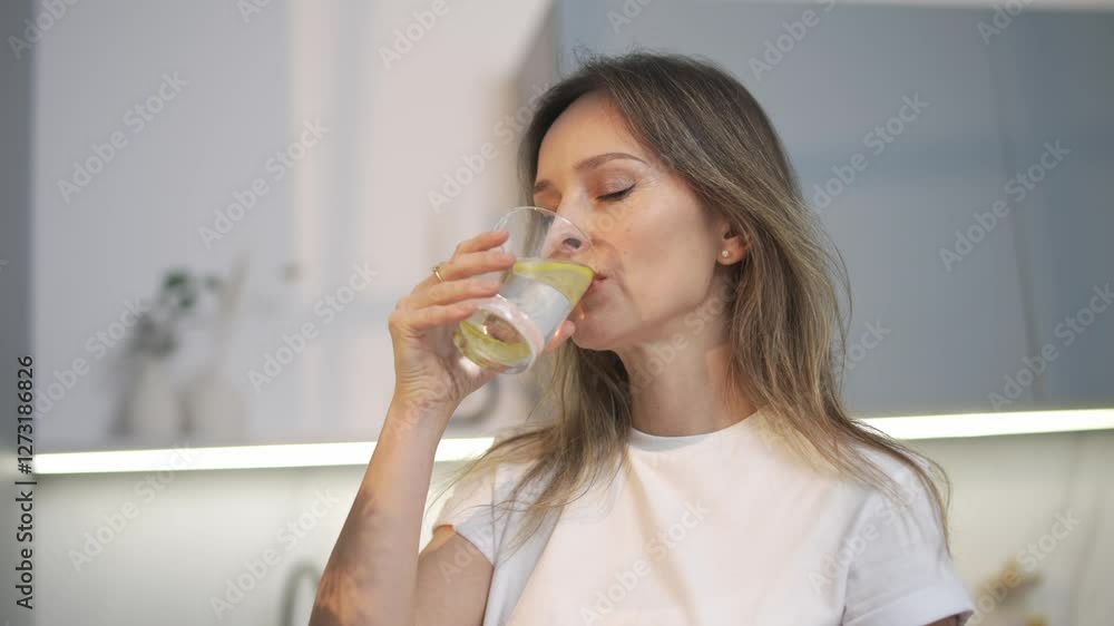 Portrait of a woman drinking water from glass standing in the kitchen at home, health care and water balance. Portrait of a woman drinking water from glass standing in the kitchen at home, health care and water balance.