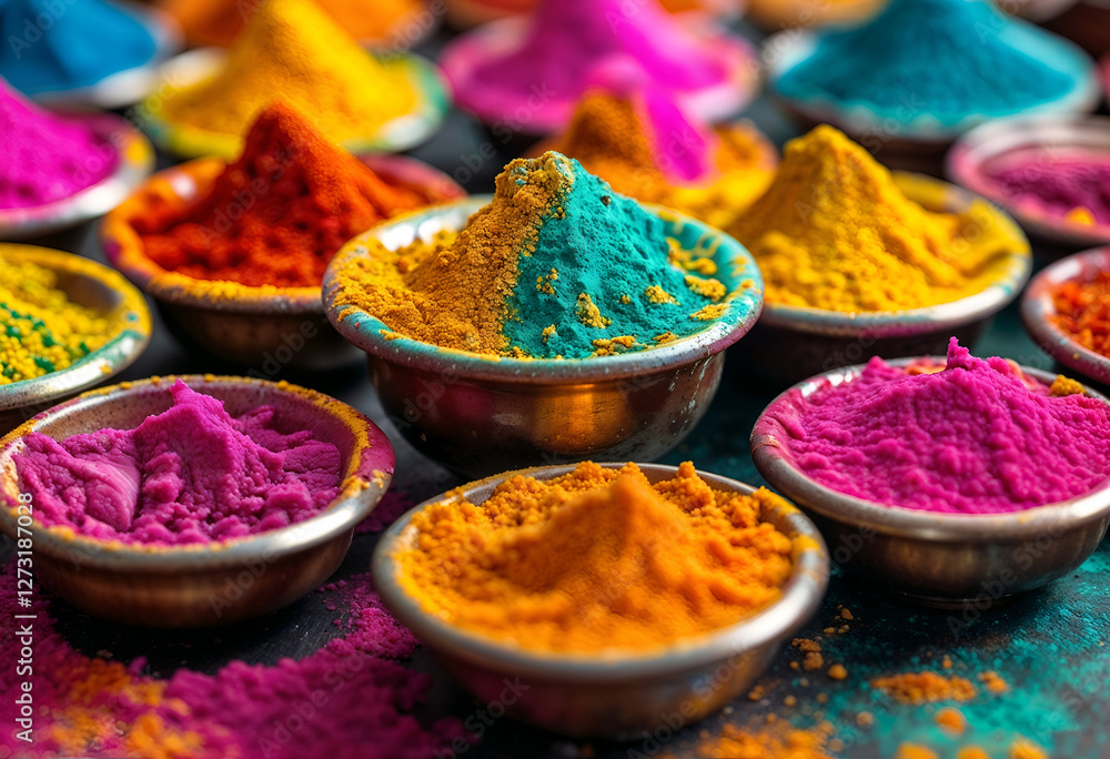 Vibrant Hues of Holi: A colorful display of vibrant powders arranged in small bowls. These vividly colored powders invite us to celebrate the joyous festival of colors. Holi festival Background. Vibrant Hues of Holi: A colorful display of vibrant powders arranged in small bowls. These vividly colored powders invite us to celebrate the joyous festival of colors. Holi festival Background.