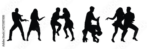 Silhouetted dancers engage in a passionate tango, their movements a vibrant expression of the dance's dramatic intimacy against a stark white background