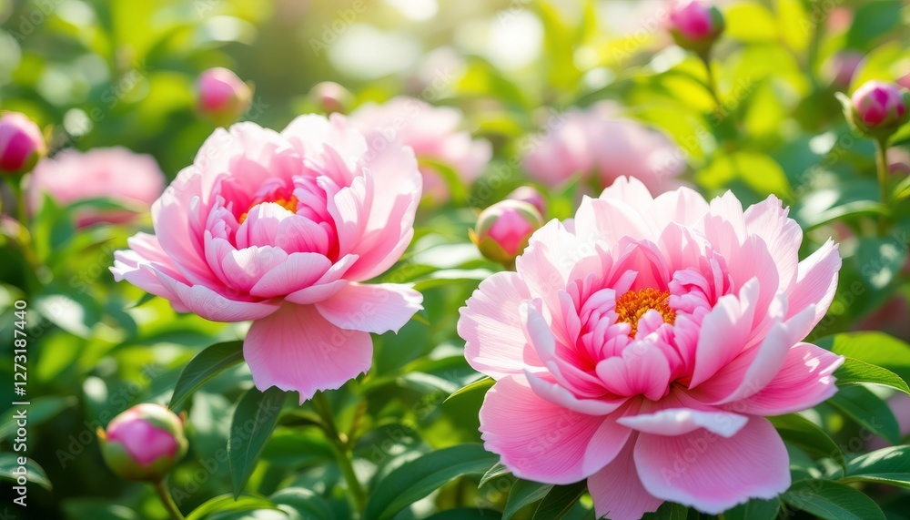 Two Pink Peonies Bloom Beautifully In Sunlight