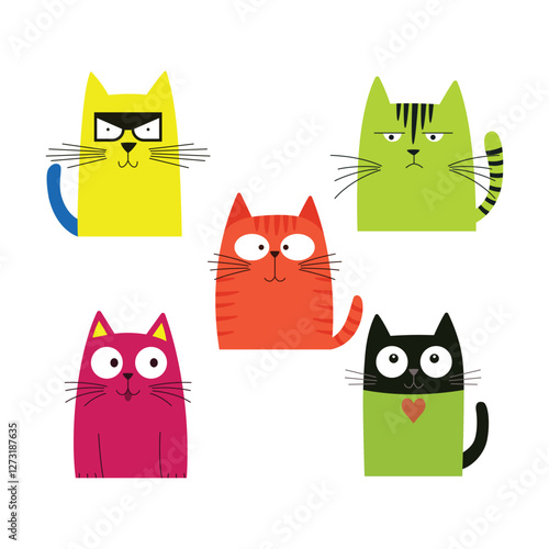 Set of Colorful Funny Naughty Cat Pet Animal Cartoon Character with Cute Expression