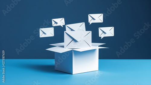 White open box with envelopes floating out representing email marketing and communication