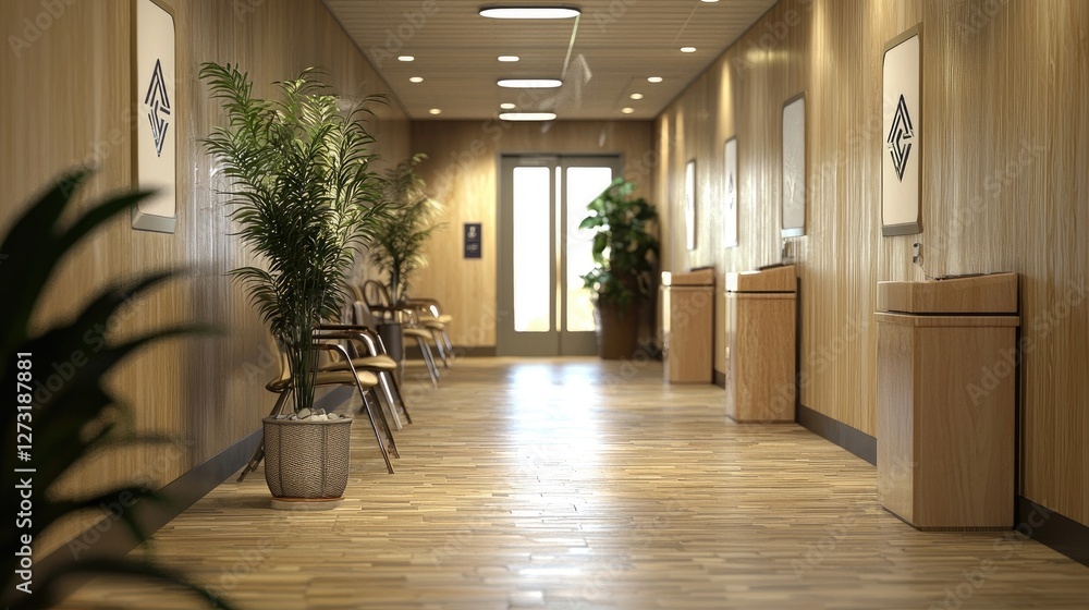 Fototapeta premium Modern waiting area with red chairs and an elevator in a professional office setting. Minimalist design, clean space, interior decor, corporate environment, business place, reception. Generative AI