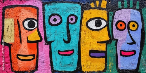 a vibrant mural featuring four abstract faces in bold colors, showcasing artistic expression and creativity.