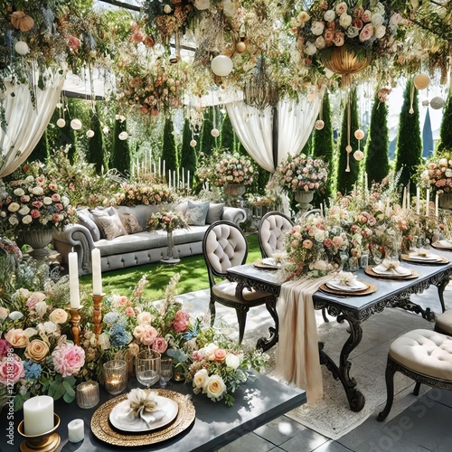 An elegant outdoor theme with floral decorations garden furnitur photo