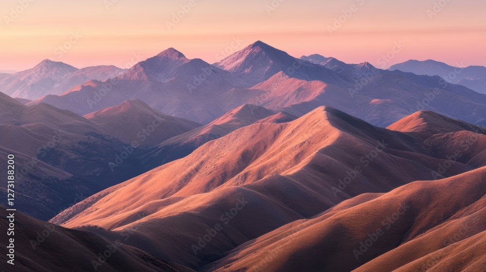Naklejka premium Majestic mountains bathed in the soft light of dawn create a serene landscape, This image can be used for travel brochures, nature websites, or as backgrounds for relaxation themes,