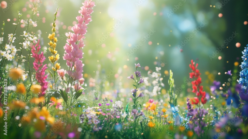 Obraz premium Illustration of a flower meadow in spring. Generative AI.