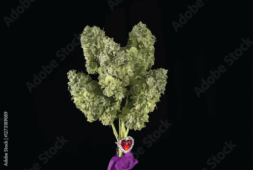 
vector image depicts a close-up, stylized illustration of a cannabis flower (bud) and its surrounding leaves.The central focus is a cannabis flower, rendered in a stylized, somewhat abstract manner. 