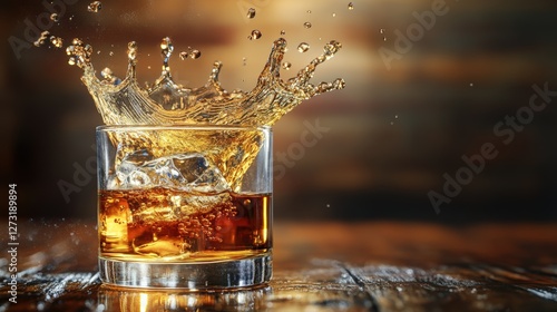 Vibrant whiskey splash macro shot capturing motion with ice in glass