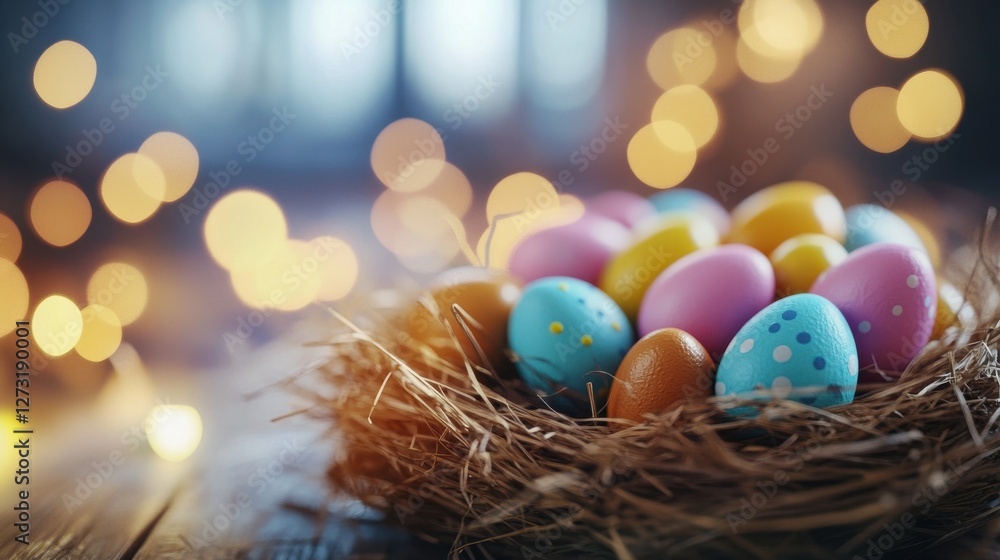 Obraz premium easter, holidays and object concept - close up of colored eggs in straw nest and chocolate bunnies on wooden table over bokeh lighs
