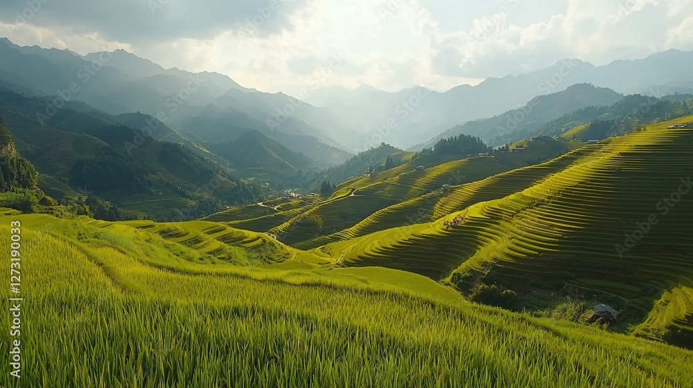 Fototapeta premium Sunlit rice terraces in mountainous valley.