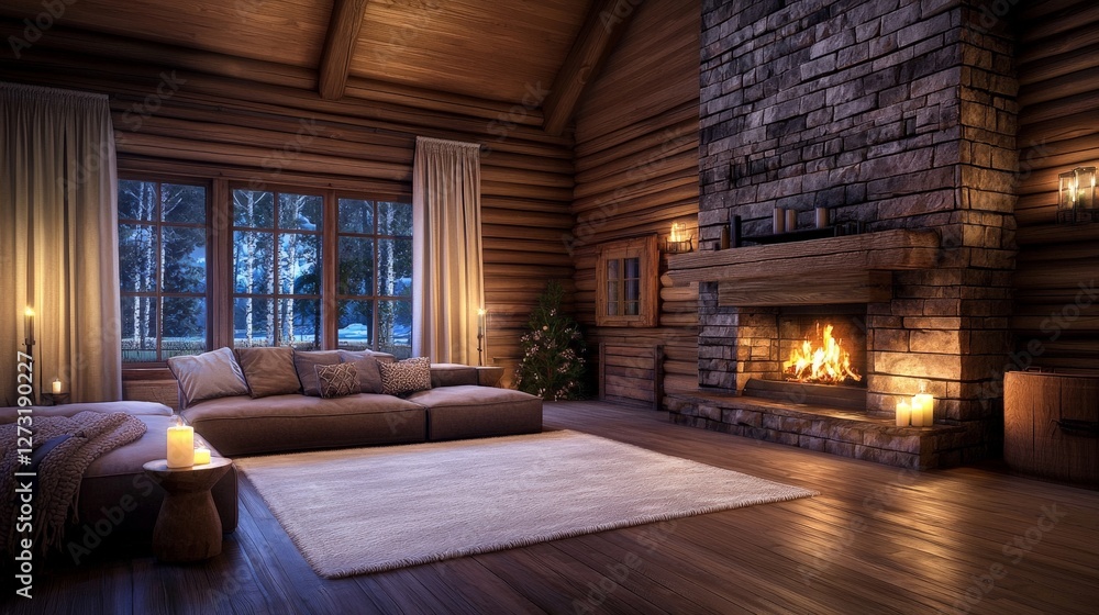 Naklejka premium Beautifully Designed Rustic Living Room with Cozy Fireplace