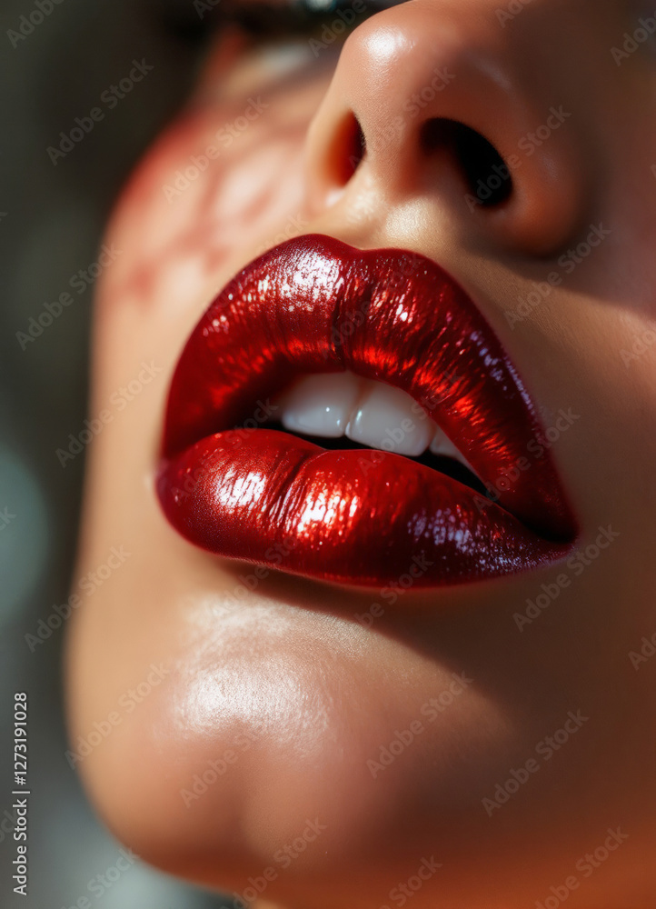 Obraz premium Closeup portrait of a beautiful woman's lips with red lipstick. Red Lips Beauty Shot