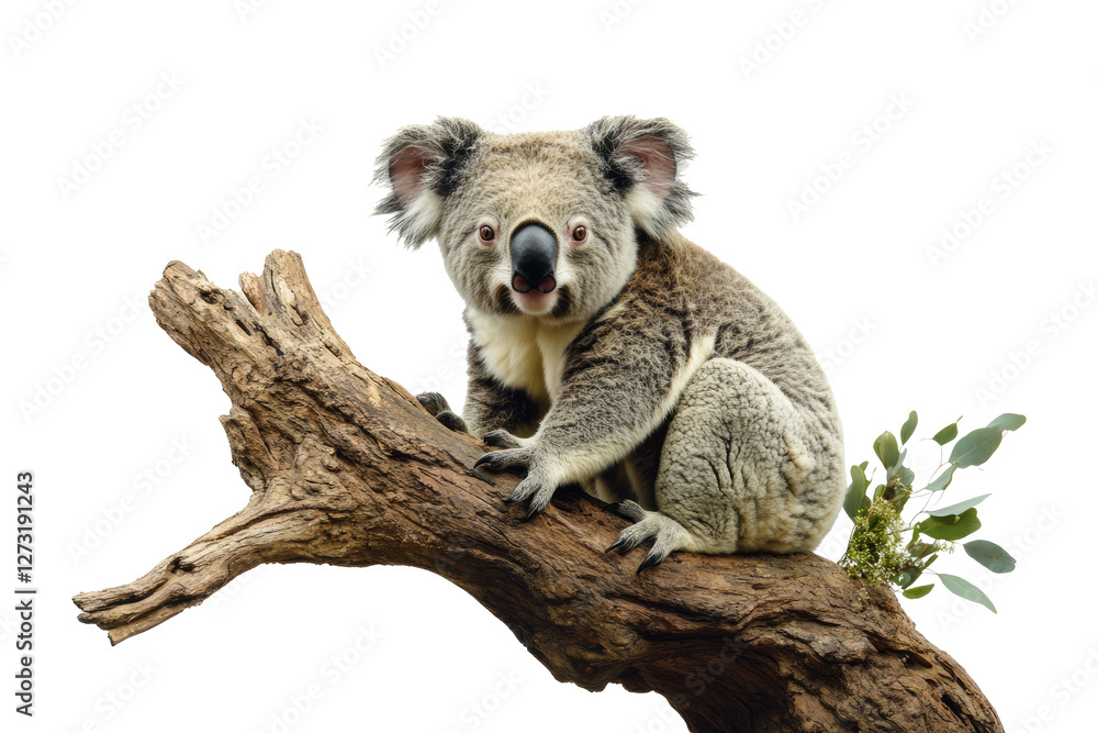 Obraz premium Cute koala bear clinging to a tree branch, isolated on transparent background. highlighting its natural habitat and adorable features.