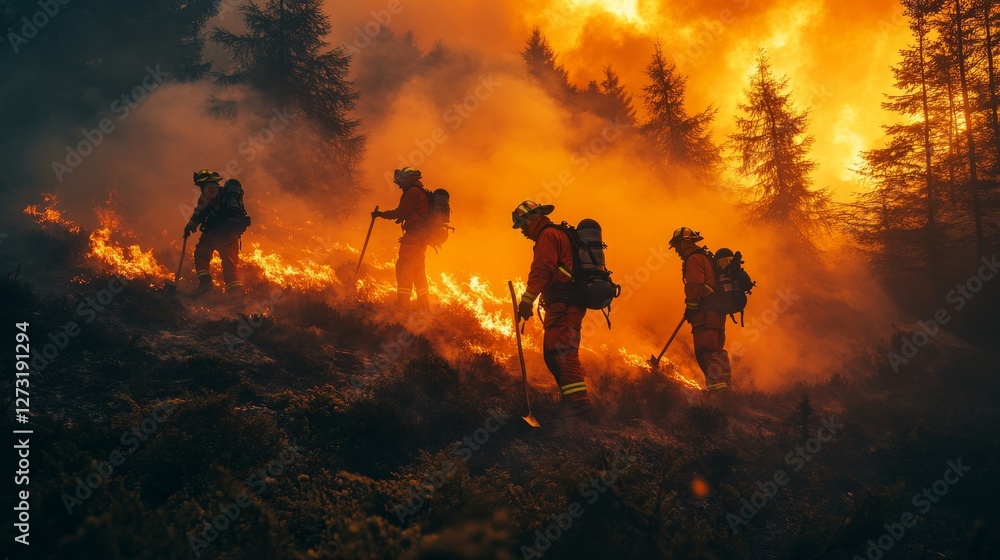 Fototapeta premium A team of firefighters in the mountains, battling a forest fire with shovels and axes. Thick smoke surrounds them as they work to contain the fire and protect the environment.