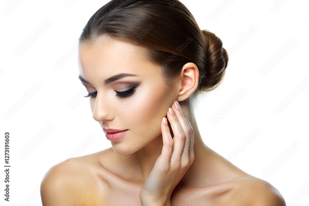 Profile shot of a female skincare model touching her face, isolated on white background Profile shot of a female skincare model touching her face, isolated on white background