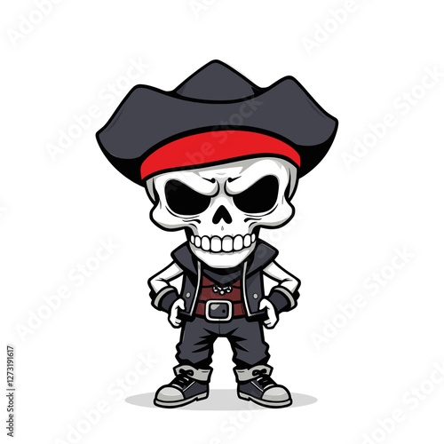 a skull emoji wearing a pirate hat, a leather jacket, and boots.