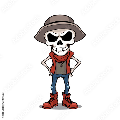 a skull emoji wearing a hat, a red scarf, and red boots.