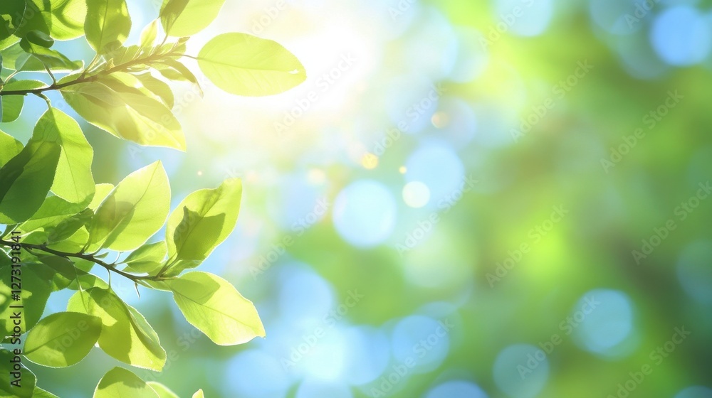 Blurred bokeh portrait background of fresh green spring, summer foliage of tree leaves with blue sky and sun flare. Illustration. Blurred bokeh portrait background of fresh green spring, summer foliage of tree leaves with blue sky and sun flare. Illustration.