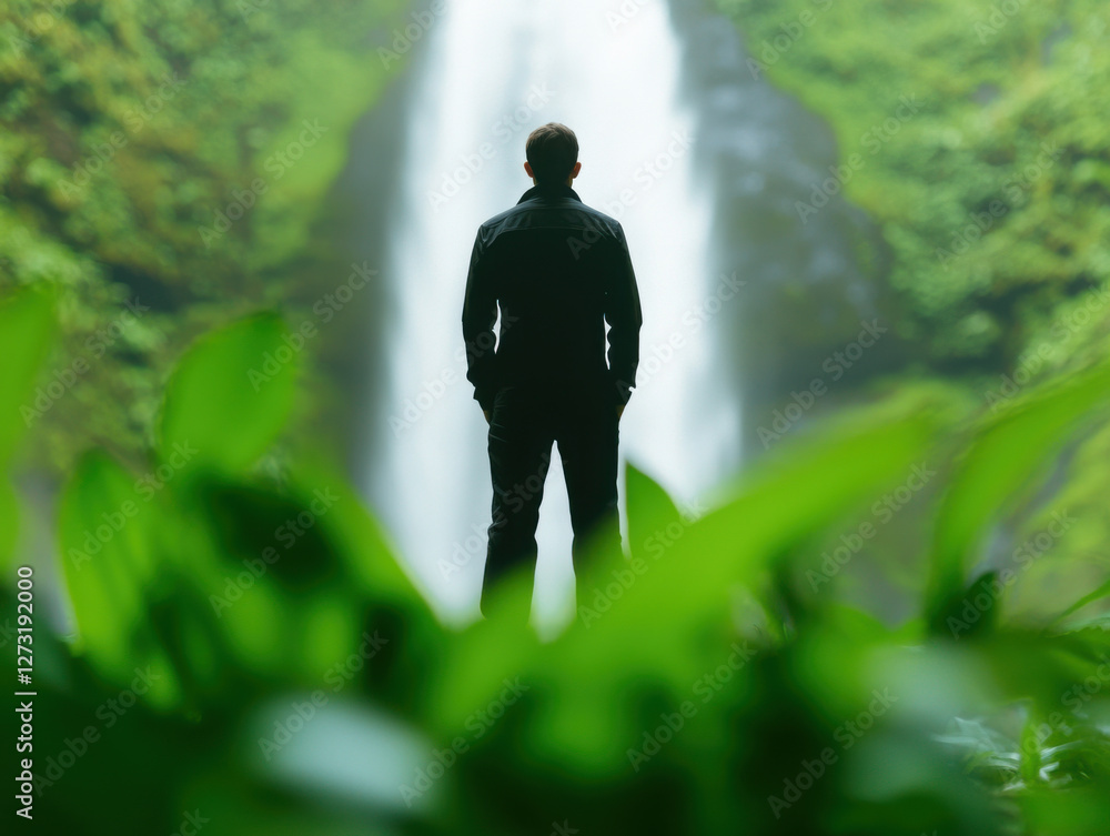 Fototapeta premium person stands in front of waterfall surrounded by lush greenery