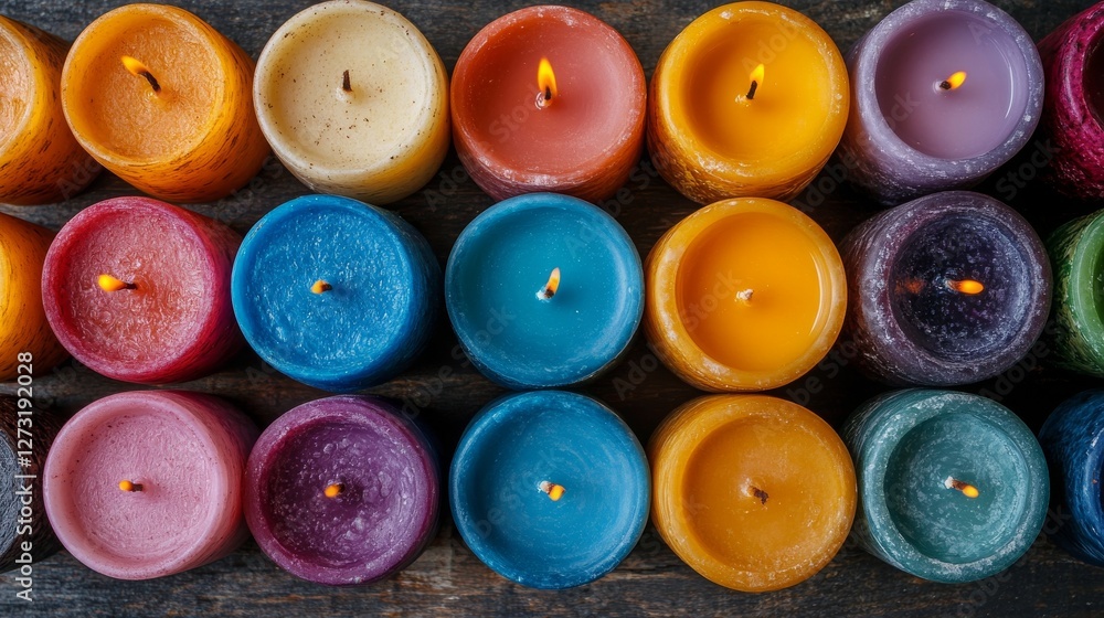 Fototapeta premium Making handmade. A variety of colorful handmade candles arranged neatly on a wooden surface. Each candle has a different shape color, showcasing diversity creativity of candle-making process