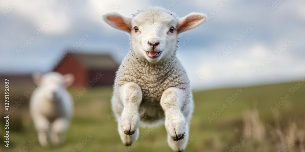 Joyful lambs leaping in a green meadow nature photography farm setting playful atmosphere Joyful lambs leaping in a green meadow nature photography farm setting playful atmosphere