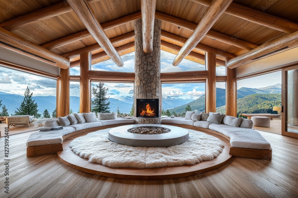 Obraz premium Spacious Modern Cabin Living Area with Stone Fireplace and Views