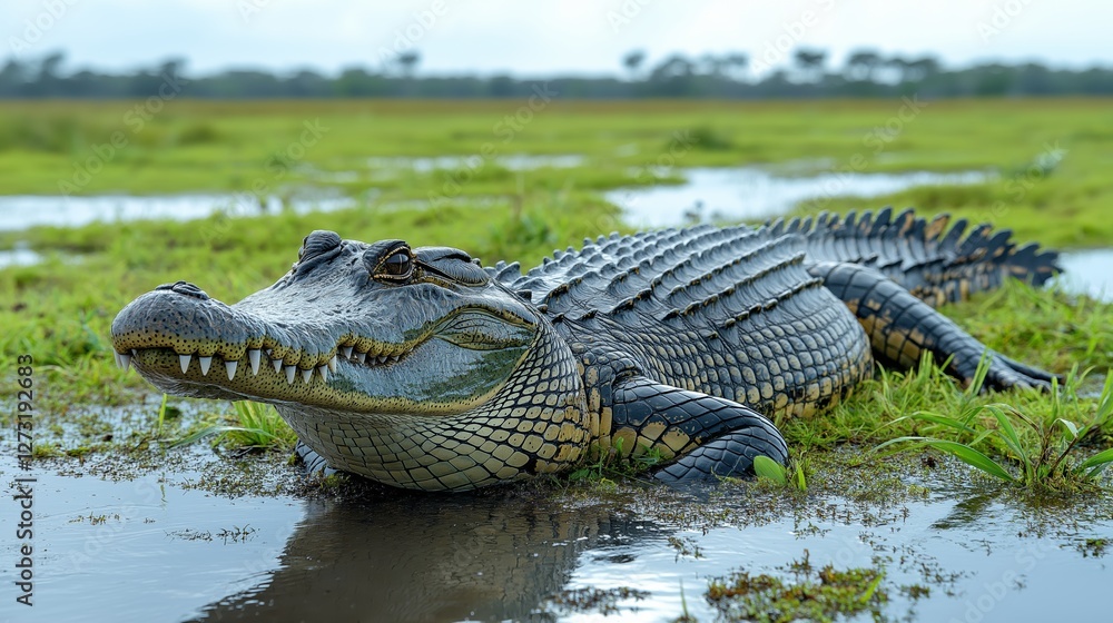 Naklejka premium Crocodile lazing in wetland habitat nature photography serene environment low angle view wildlife conservation
